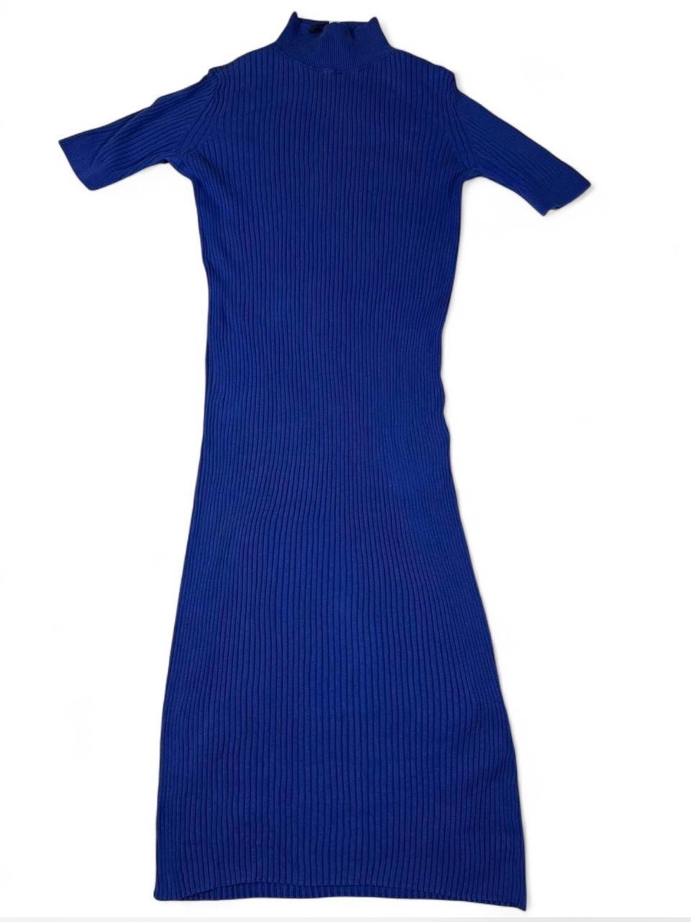 COS Vibrant Cobalt Blue Ribbed Mock-Neck Midi Dress Short Sleeve Stretch Knit‎ S